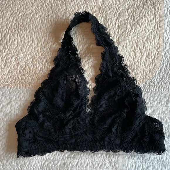 Free People Intimately Galloon Lace Halter Bralette Black Women’s XS Lingerie - Picture 2 of 6
